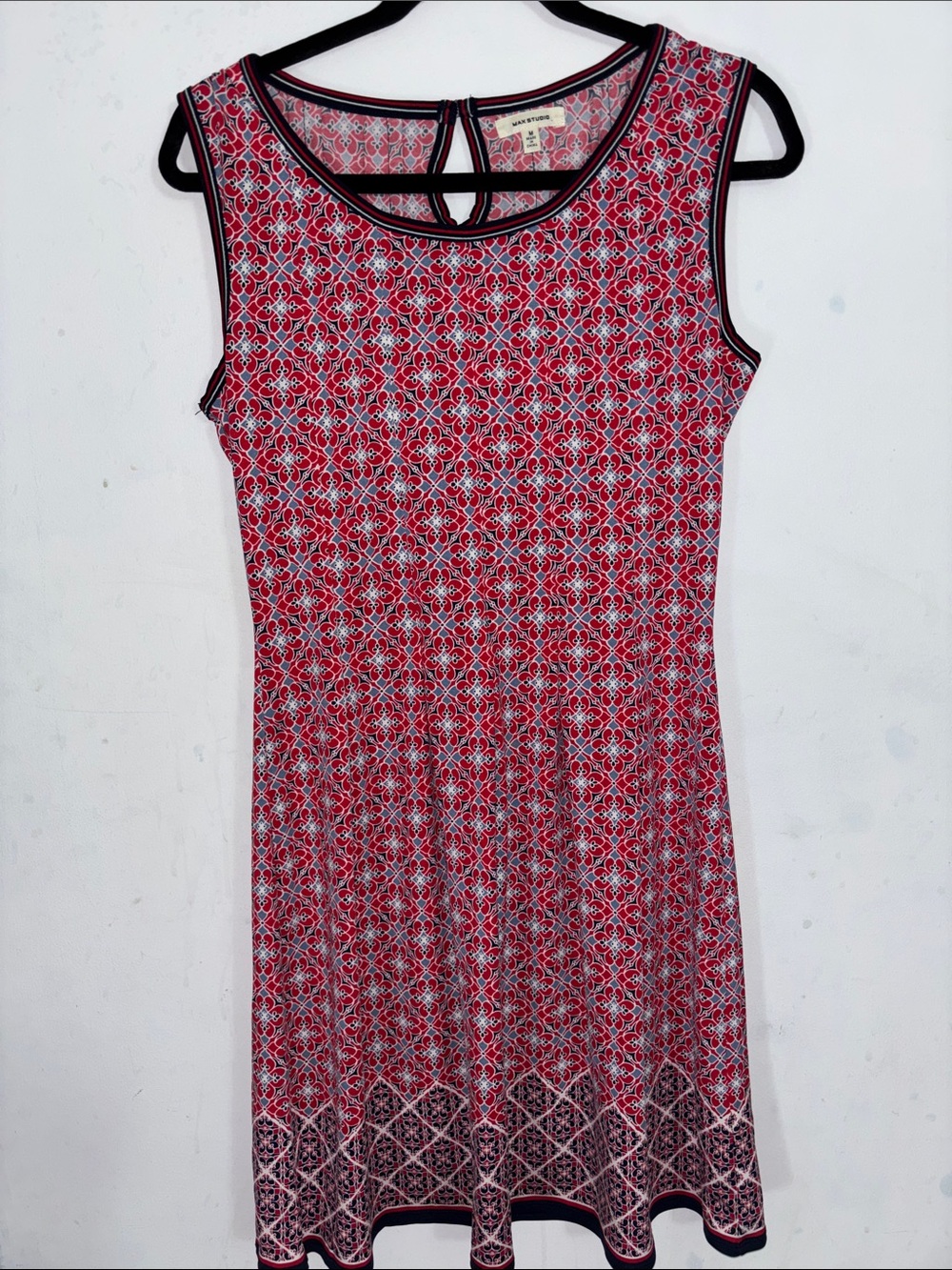 Max Studio Red Patterned Sleeveless Midi Dress with Black Trim
